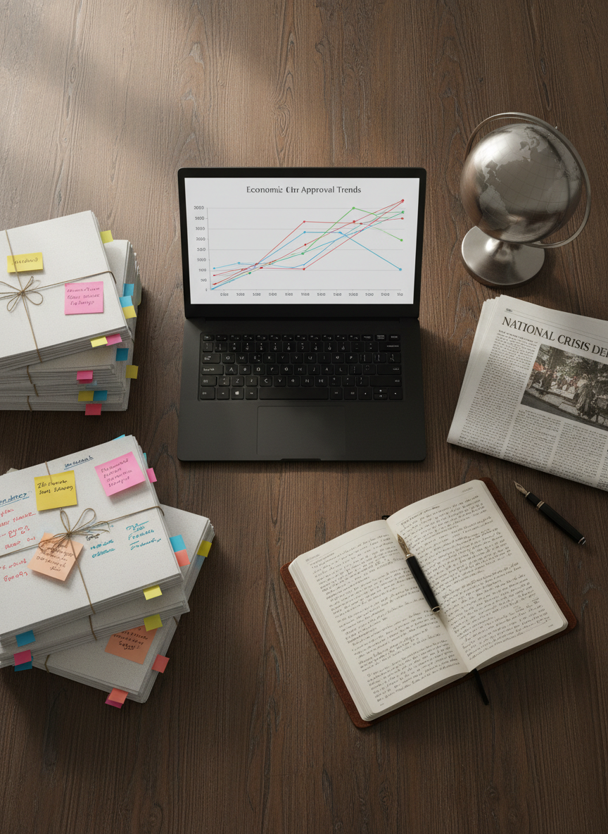 A large, detailed top-down view of a dark wooden desk covered with neatly organized political analysis materials: a matte black laptop displaying a complex line graph, stacks of annotated policy reports with colored sticky notes protruding, and a folded broadsheet newspaper with the headline partially visible, hinting at a major national crisis. A minimalist globe made of brushed steel sits near a classic fountain pen and a leather-bound notebook filled with tightly written notes. Soft, diffused morning light from an unseen window washes over the scene, creating gentle highlights on the metal and paper textures. Photographic realism, eye-level overhead composition with sharp focus throughout, conveying a serious, professional, investigative mood suited to in-depth political commentary.