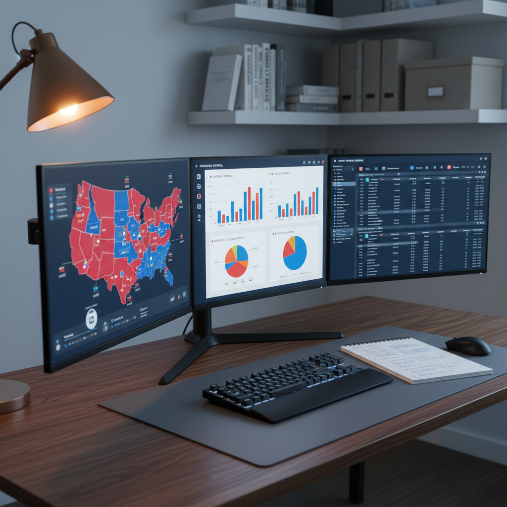A close-up of a clean, modern home office setup featuring three ultra-wide monitors on a dark walnut desk, each displaying different political data: interactive electoral maps, bar charts comparing party performance, and timelines of major legislative events. The monitors cast a cool, subtle glow on a slim mechanical keyboard and a notebook open to neatly written analytical bullet points. The background shows blurred shelves with policy books and neutral-toned binders. Soft, indirect evening lighting combines warm ambient light from a desk lamp with the cool bluish light from the screens, creating a focused yet calm atmosphere. Photographic realism, slightly angled side view with shallow depth of field, emphasizing the analytical tools and the serious, data-driven nature of political analysis.